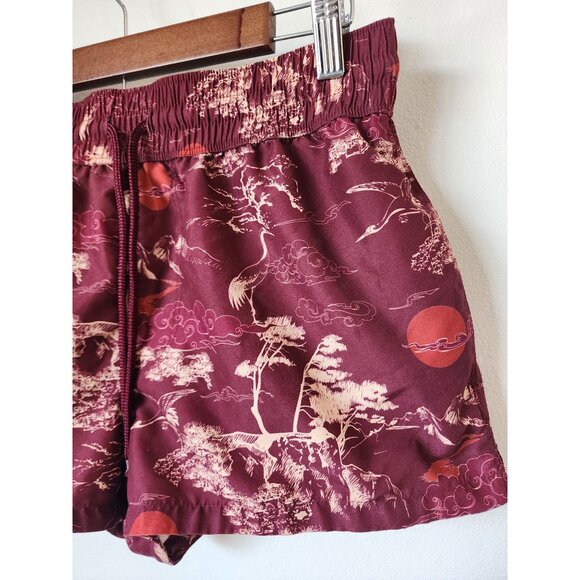ASOS burgundy red japanese-esque crane print board shorts M - Picture 2 of 5